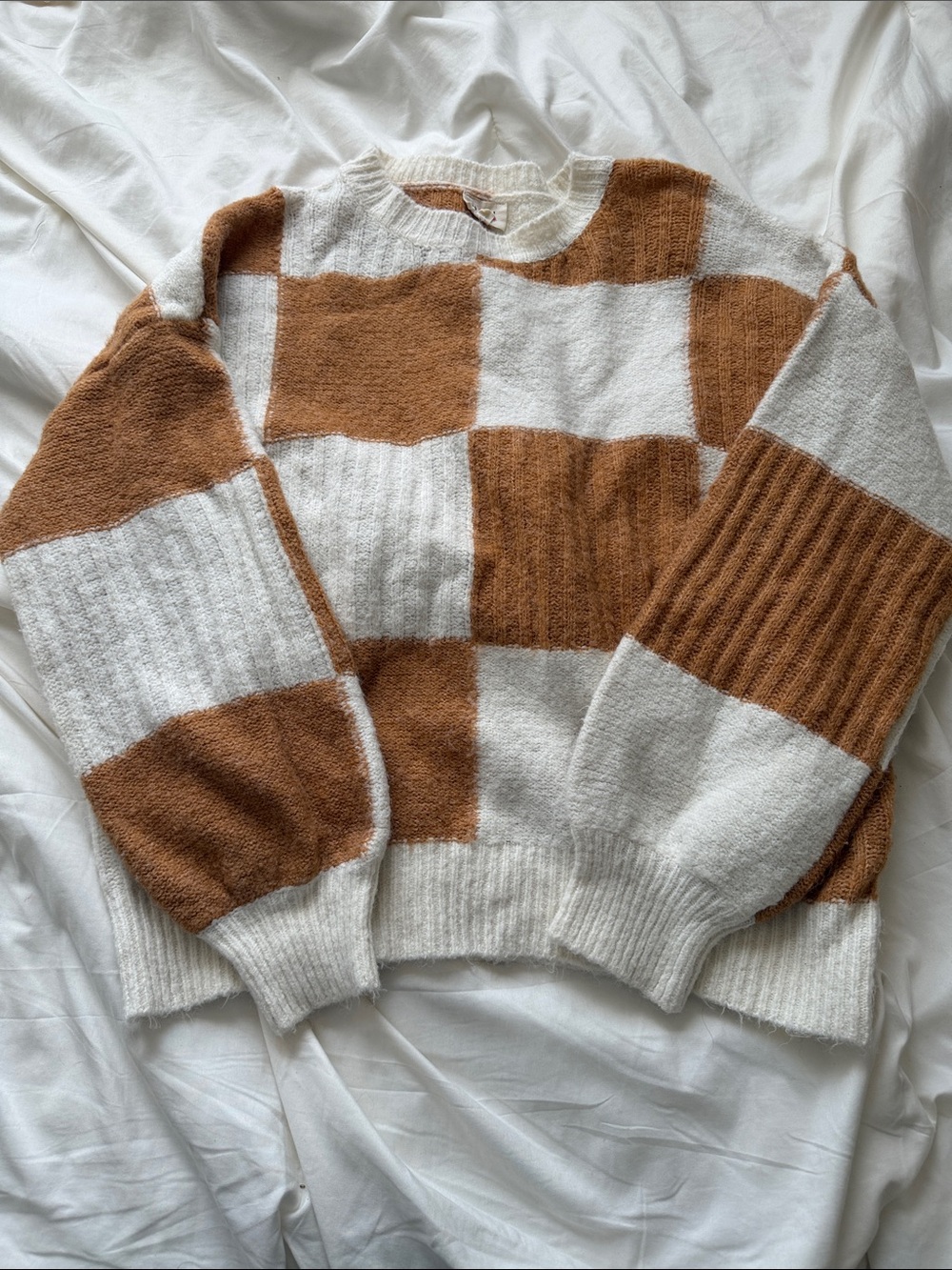 BiBi Checkerboard Crewneck Sweater in Cream and Brown
